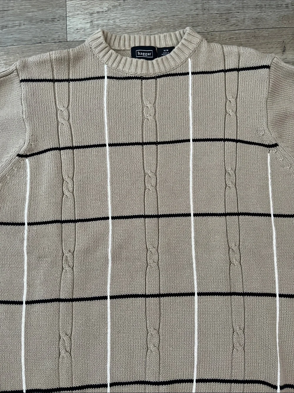 Vintage Haggar Beige Crewneck Cable-Knit Windowpane Sweater 100% Cotton Size M